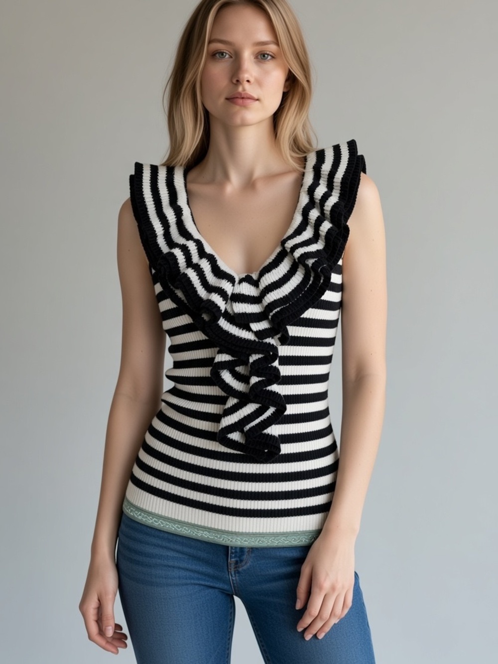 Trina Turk Black & White Striped Ruffle V-Neck Knit Tank M